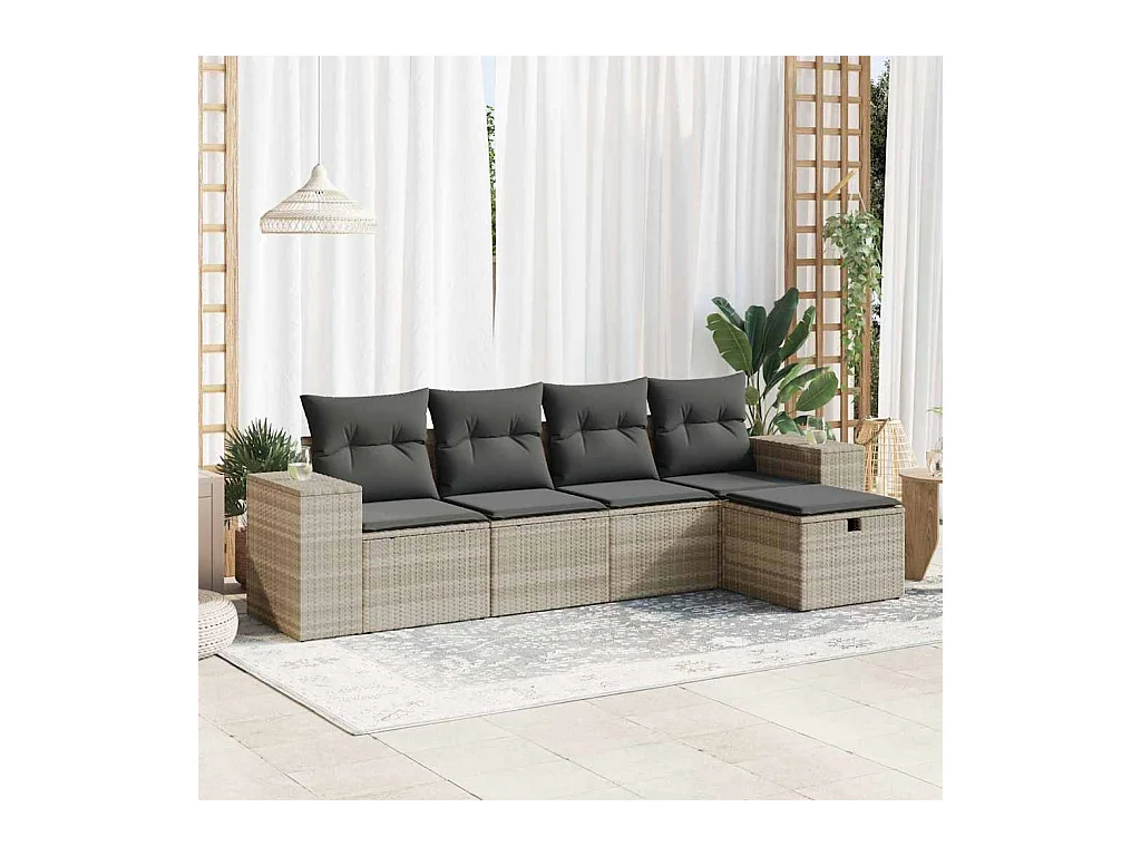 Salon de jardin 5 pcs avec coussins gris clair résine tressée