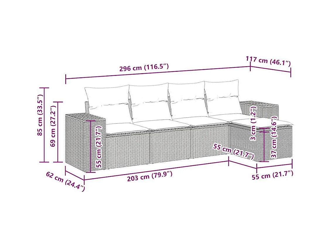 Salon de jardin 5 pcs avec coussins gris clair résine tressée