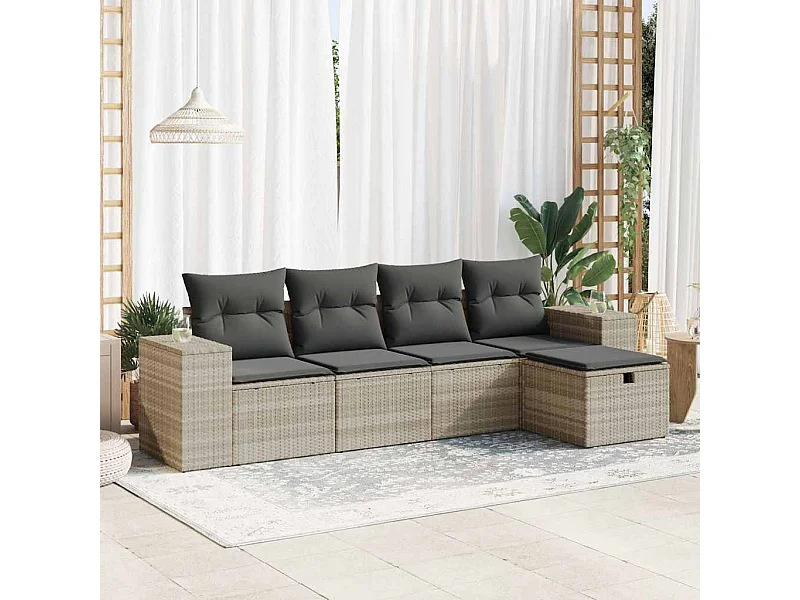 Set Divano da Giardino 5pz con Cuscini Grigio Chiaro Polyrattan