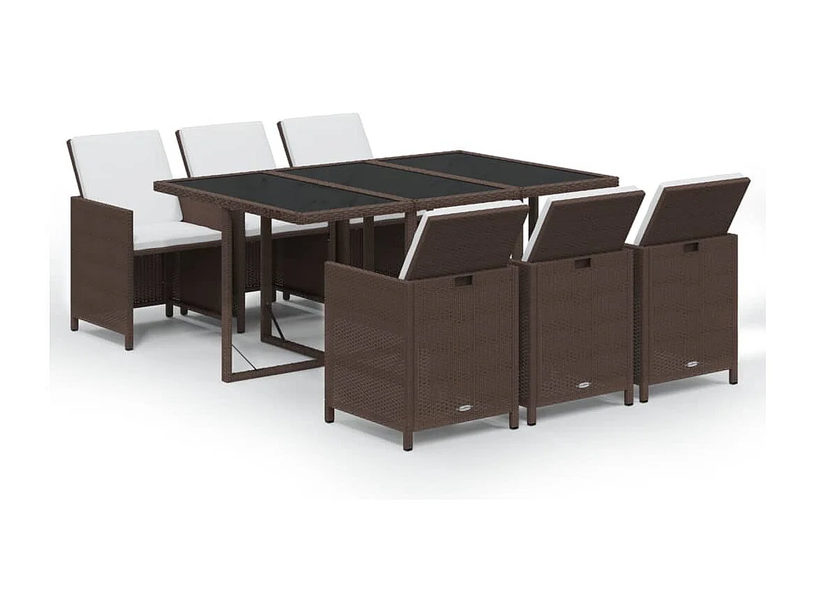 Set da Pranzo da Giardino 7 pz con Cuscini Polyrattan Marrone