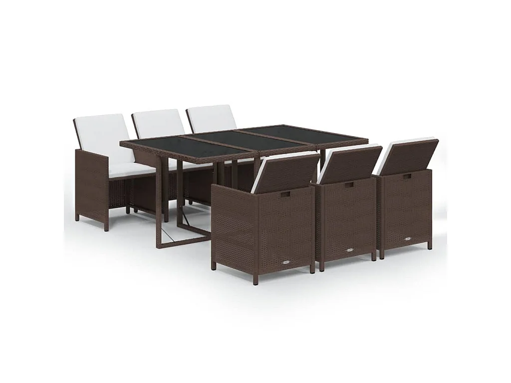 Ensemble à manger de jardin et coussins 7 pcs marron poly rotin