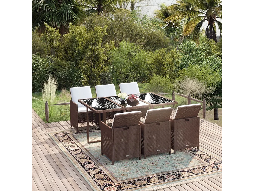 Ensemble à manger de jardin et coussins 7 pcs marron poly rotin
