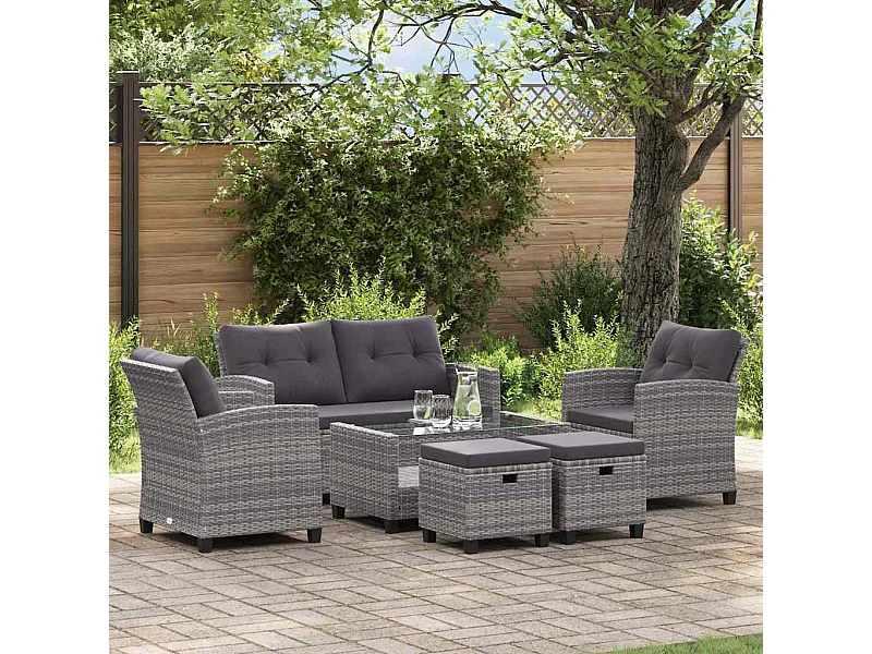 Set Divani da Giardino 6 pz con Cuscini Polyrattan Grigio Scuro