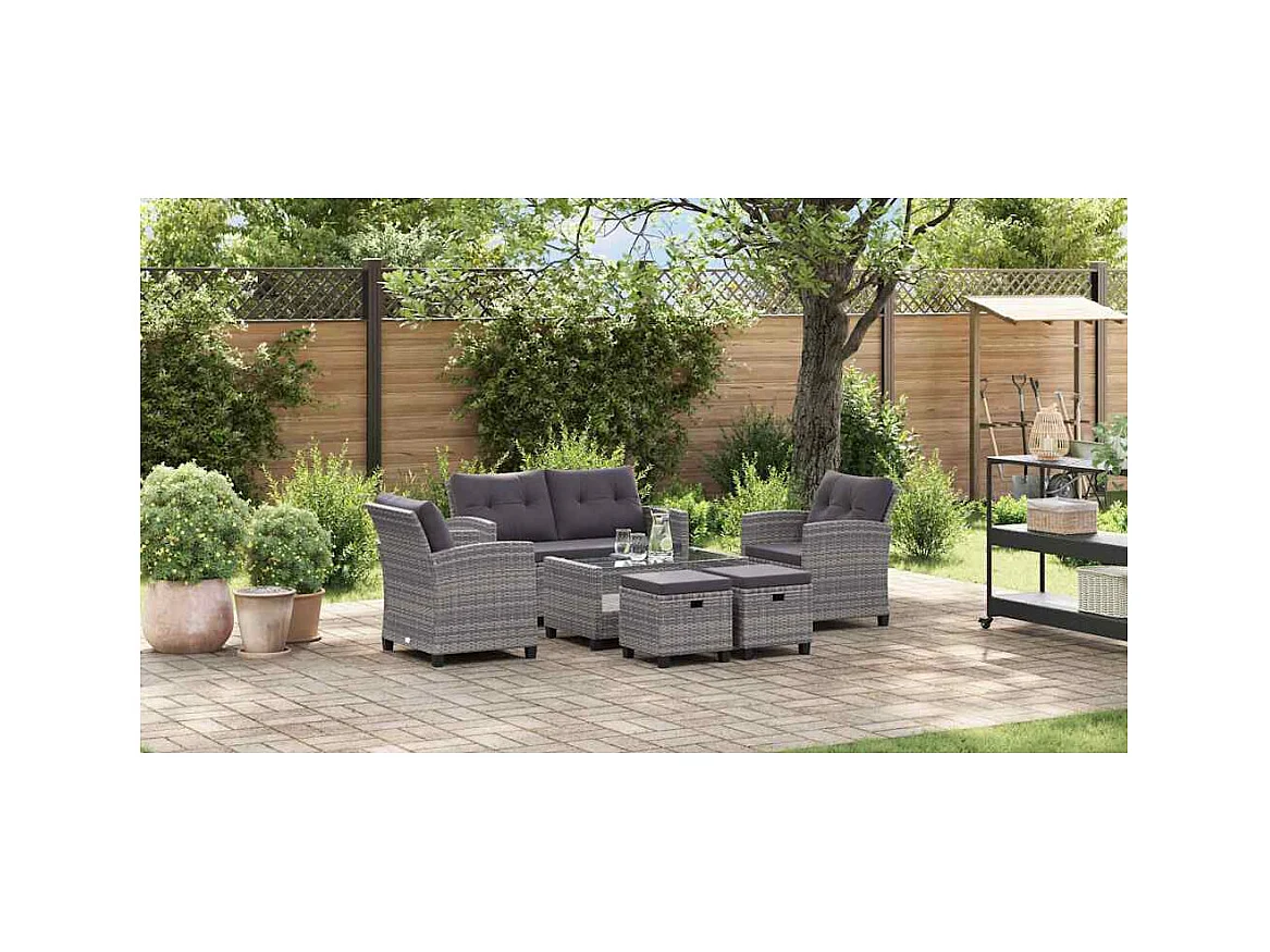 Salon de jardin 6 pcs avec coussins Résine tressée Gris foncé