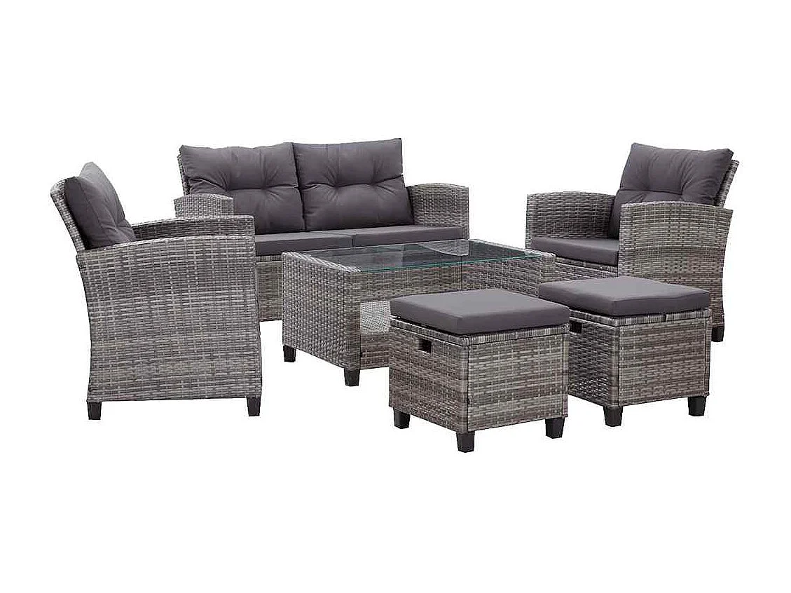 Salon de jardin 6 pcs avec coussins Résine tressée Gris foncé