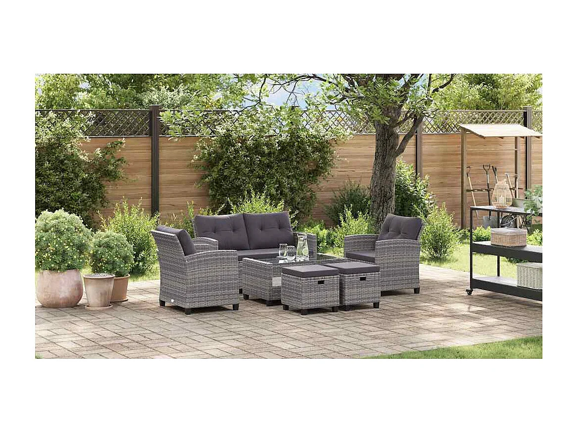 Salon de jardin 6 pcs avec coussins Résine tressée Gris foncé