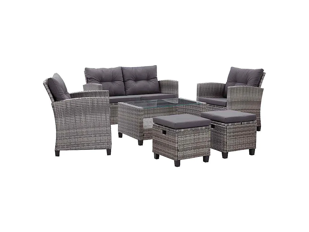 6-delige Loungeset met kussens poly rattan donkergrijs
