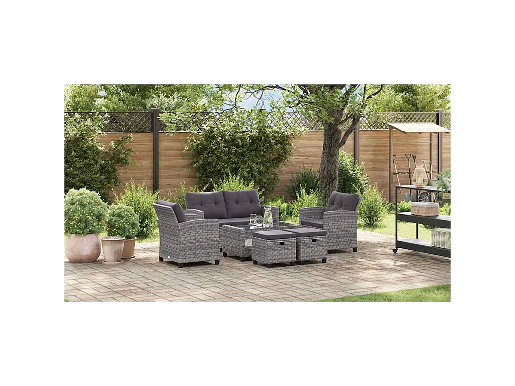 6-delige Loungeset met kussens poly rattan donkergrijs