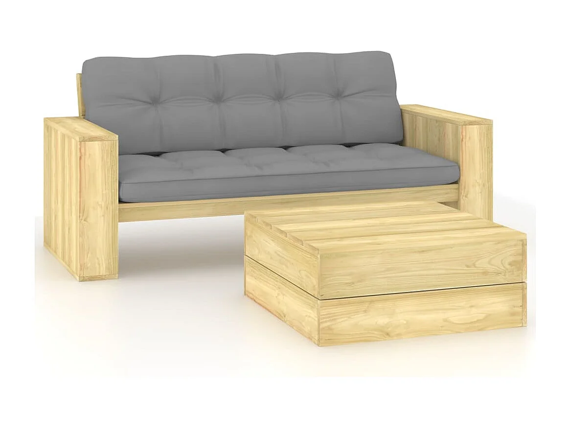 2 pcs conjunto lounge de jardim com almofadões pinho impregnado