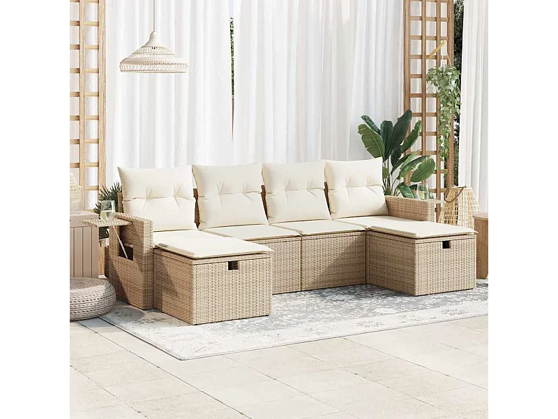 6-tlg. Garten-Sofagarnitur mit Kissen Beige Poly Rattan