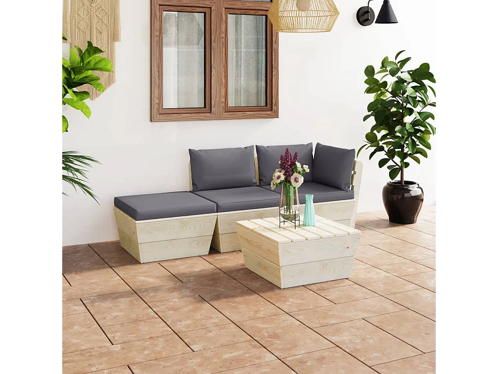 Salon de jardin palette 4 pcs avec coussins Épicéa imprégné