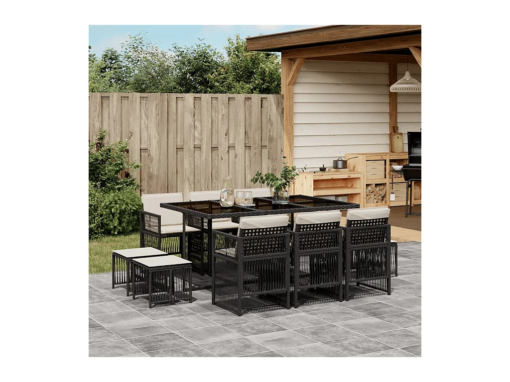 11-tlg. Garten-Essgruppe mit Kissen Schwarz Poly Rattan