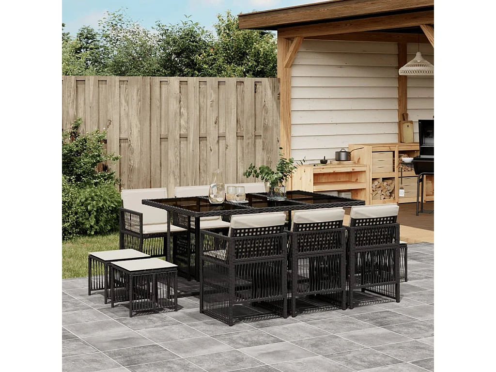 11-tlg. Garten-Essgruppe mit Kissen Schwarz Poly Rattan