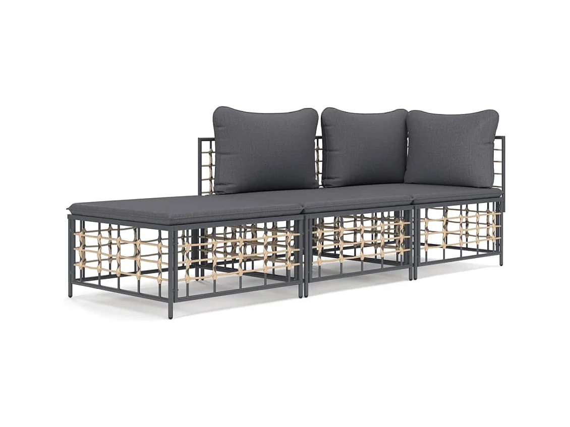 Salon de jardin 3 pcs avec coussins anthracite résine tressée