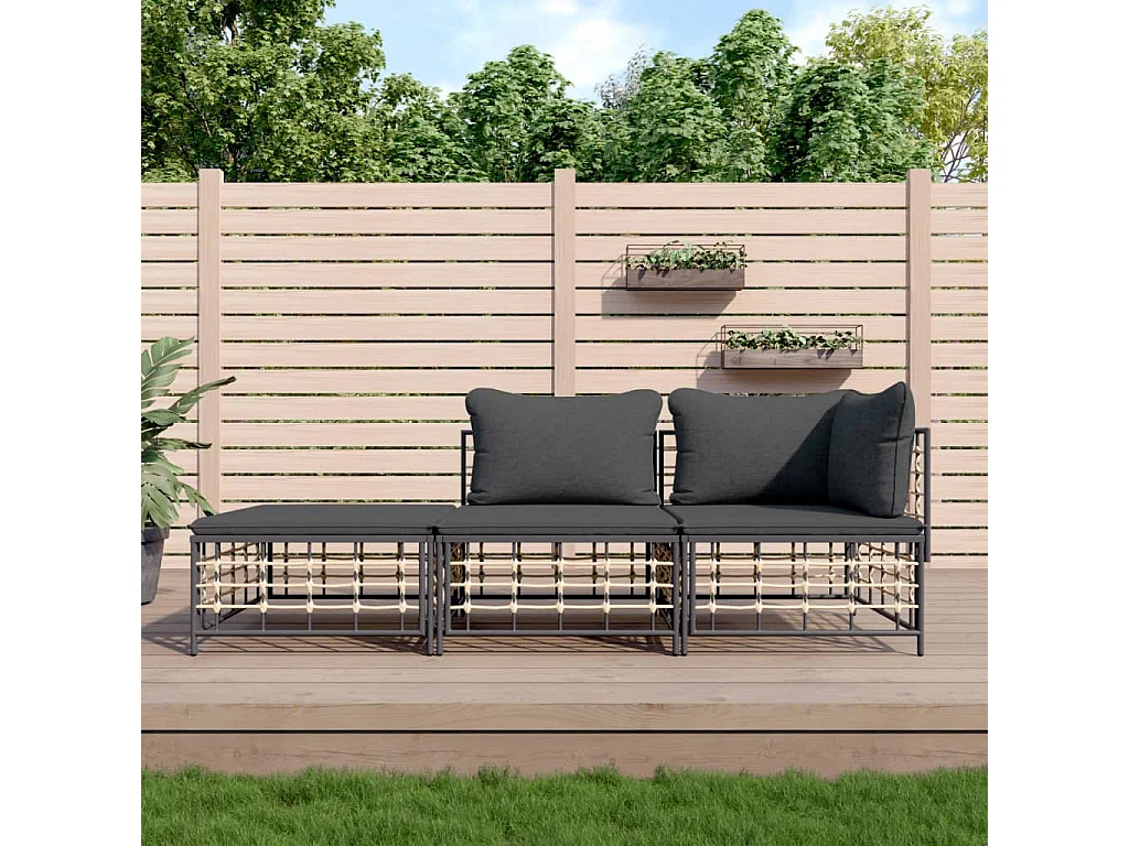 Salon de jardin 3 pcs avec coussins anthracite résine tressée
