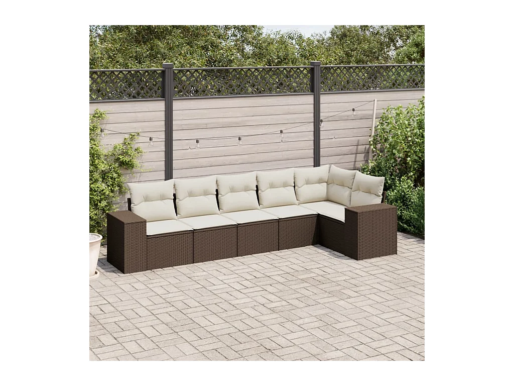 Set Divano da Giardino 6 pz con Cuscini Marrone in Polyrattan