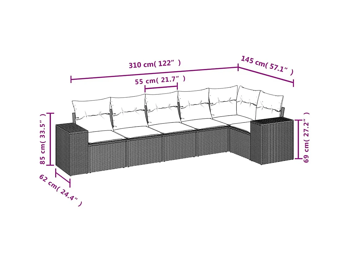 Set Divano da Giardino 6 pz con Cuscini Marrone in Polyrattan
