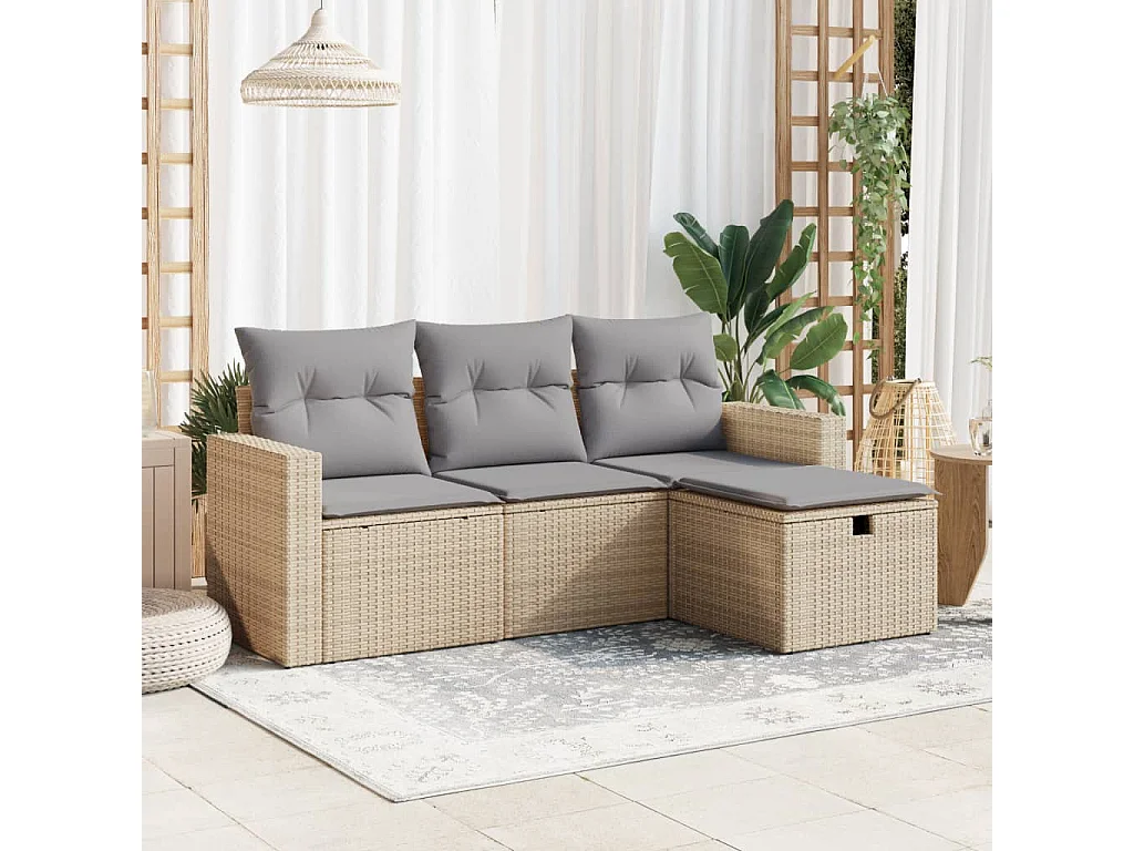 Salon de jardin avec coussins 4 pcs beige résine tressée
