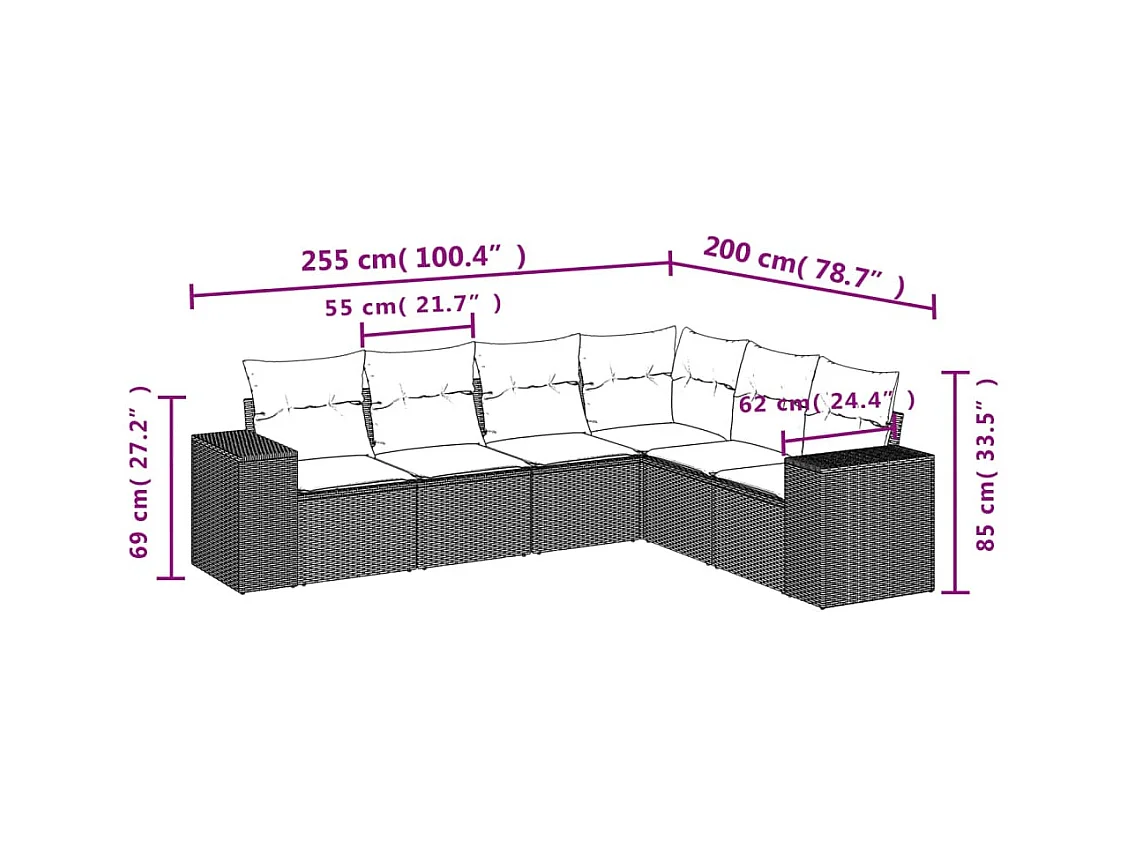 Salon de jardin avec coussins 6 pcs marron résine tressée