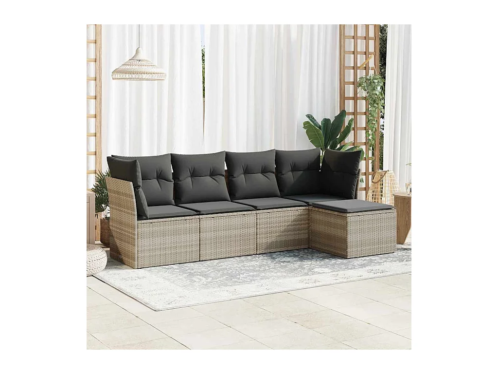 Set Divano da Giardino 5pz con Cuscini Grigio Chiaro Polyrattan