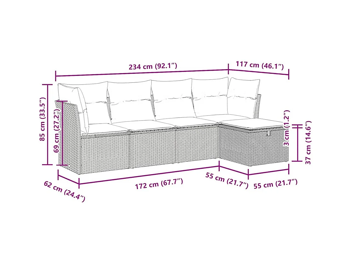 Set Divano da Giardino 5pz con Cuscini Grigio Chiaro Polyrattan