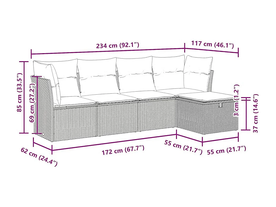 Salon de jardin 5 pcs avec coussins gris clair résine tressée