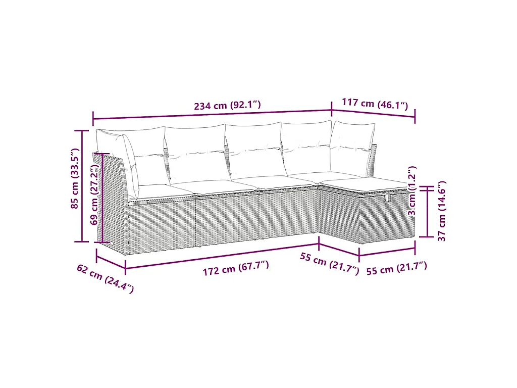 5-delige Loungeset met kussens poly rattan lichtgrijs