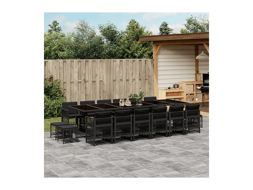 17-tlg. Garten-Essgruppe mit Kissen Schwarz Poly Rattan