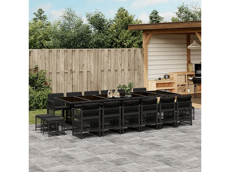 Ensemble à manger de jardin 17 pcs coussins noir résine tressée