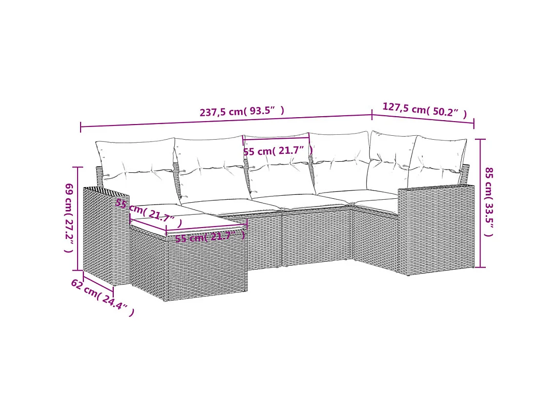 Salon de jardin 6 pcs avec coussins gris clair résine tressée