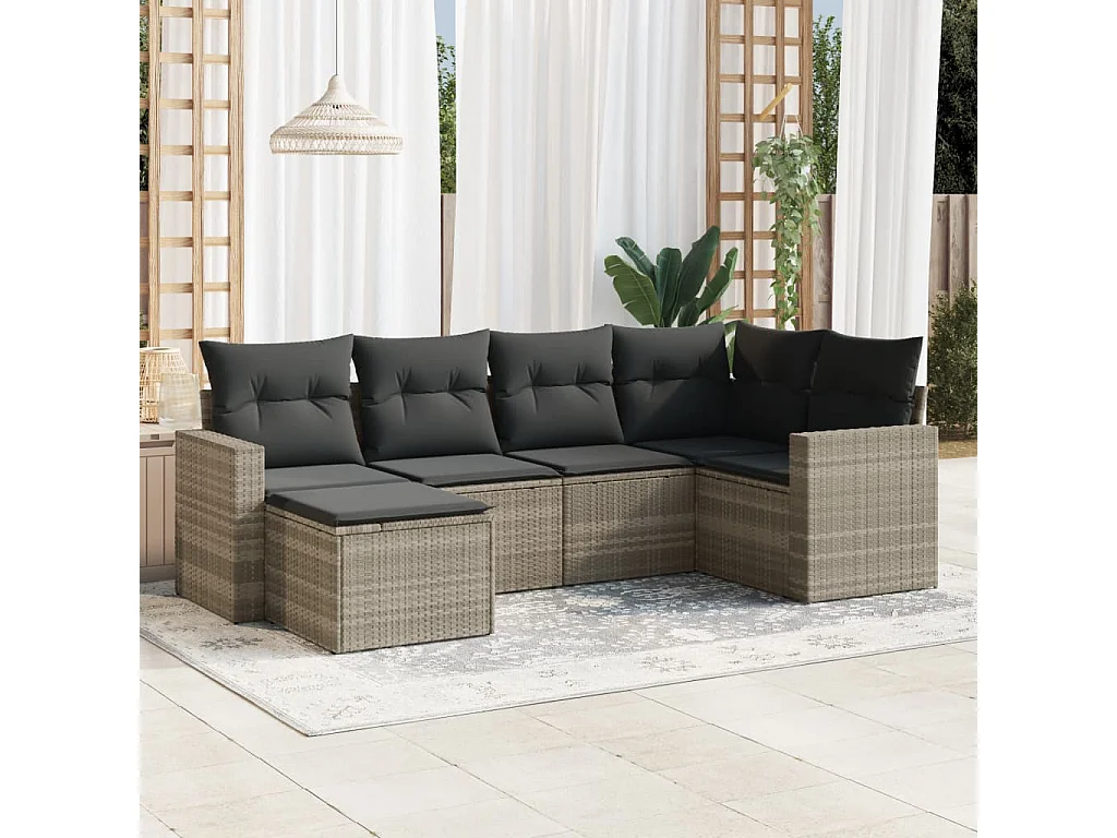 6-tlg. Garten-Sofagarnitur mit Kissen Hellgrau Poly Rattan