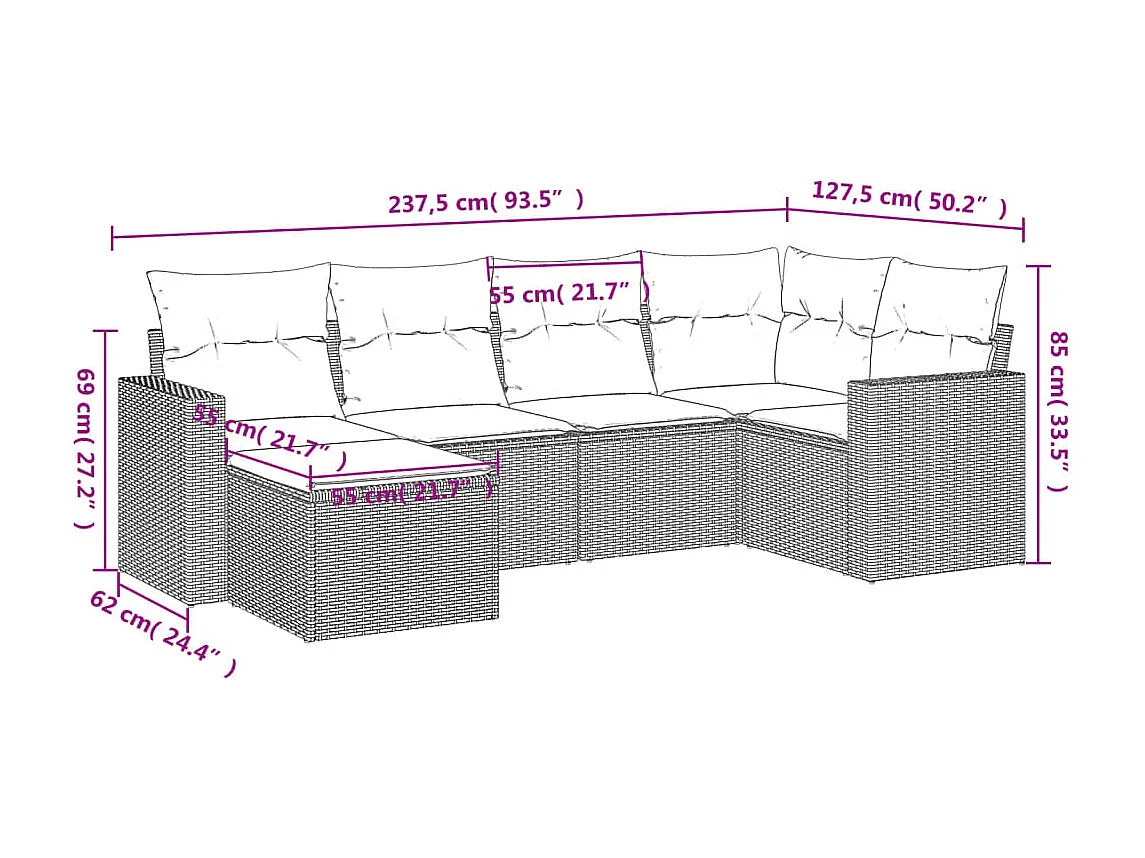 6-delige Loungeset met kussens poly rattan lichtgrijs