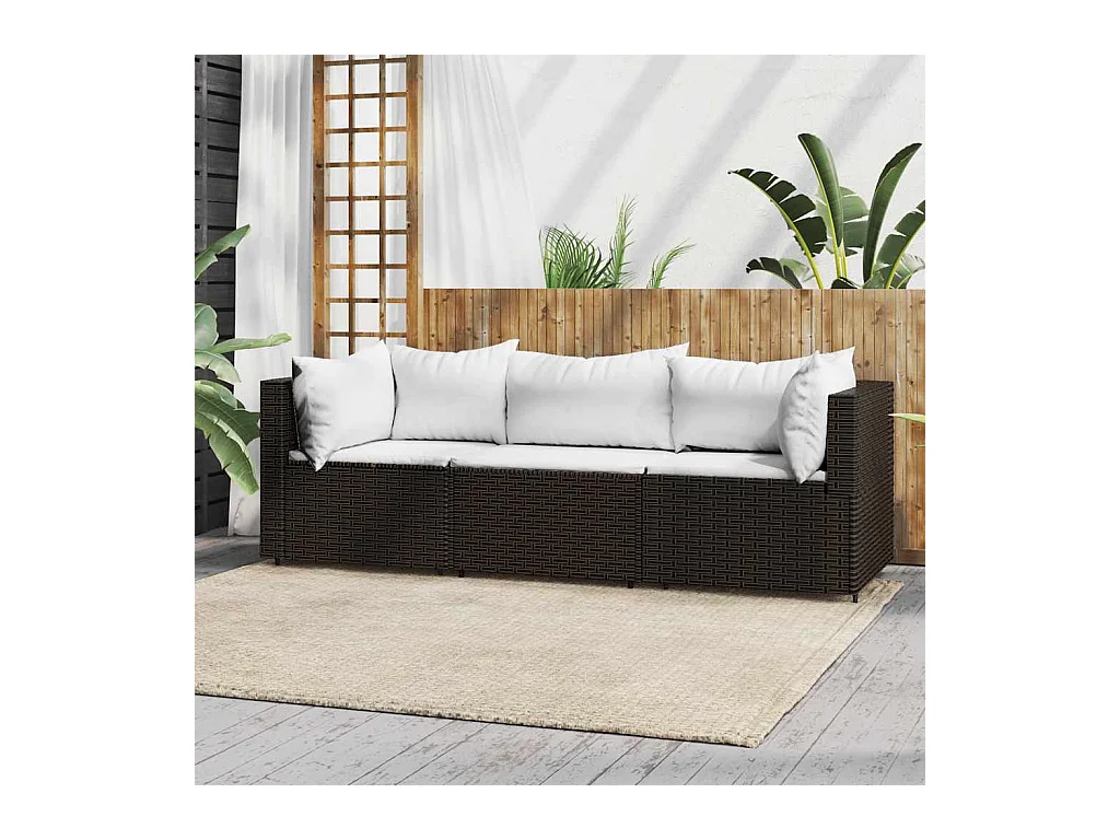 Salon de jardin 3 pcs avec coussins marron résine tressée