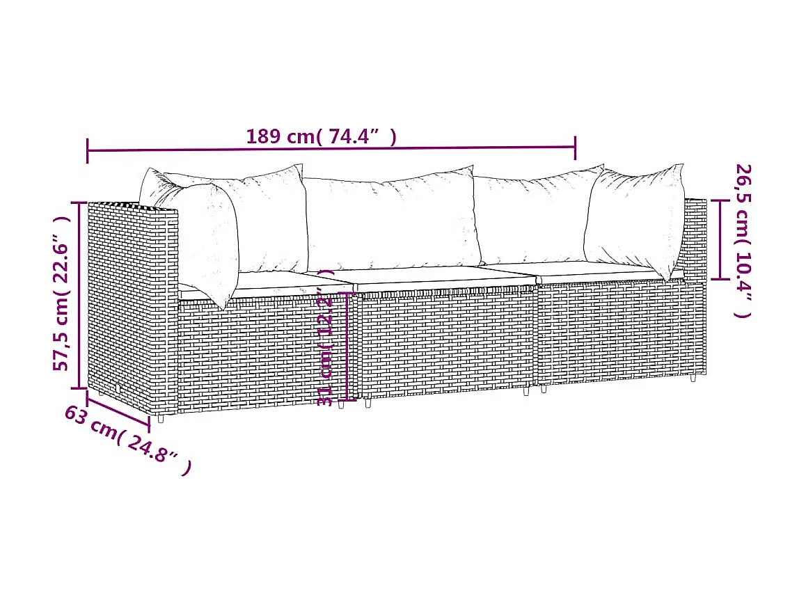 3-delige Loungeset met kussens poly rattan bruin