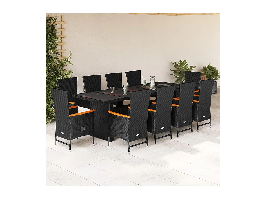 Ensemble à manger de jardin 11 pcs coussins noir résine tressée