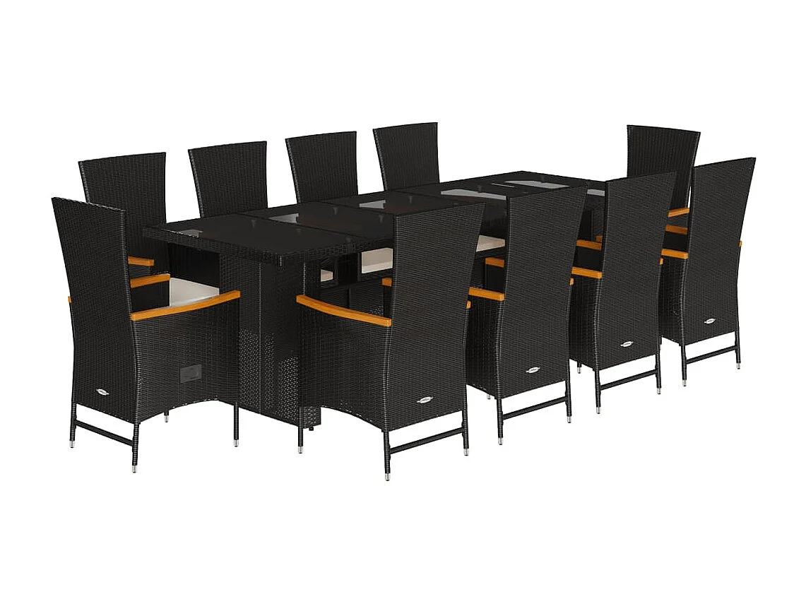 11 pcs conjunto de jantar p/ jardim c/ almofadões vime PE preto