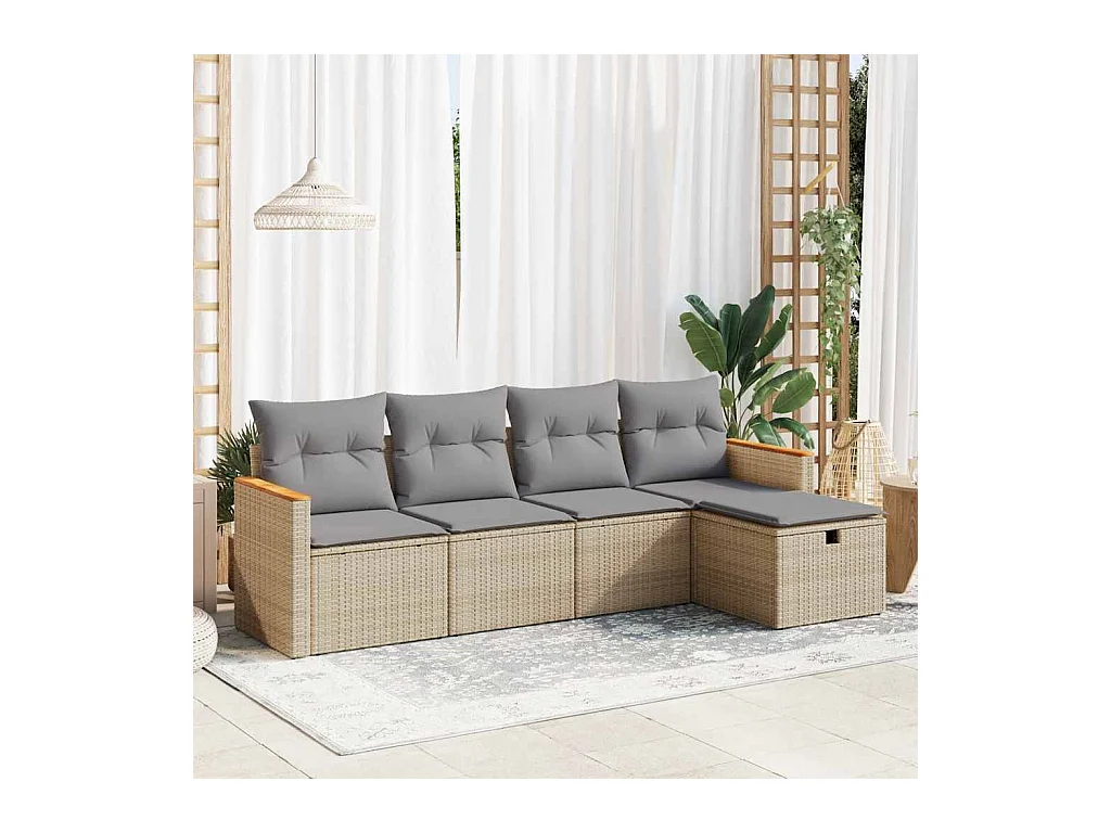 5-delige Loungeset met kussens poly rattan beige