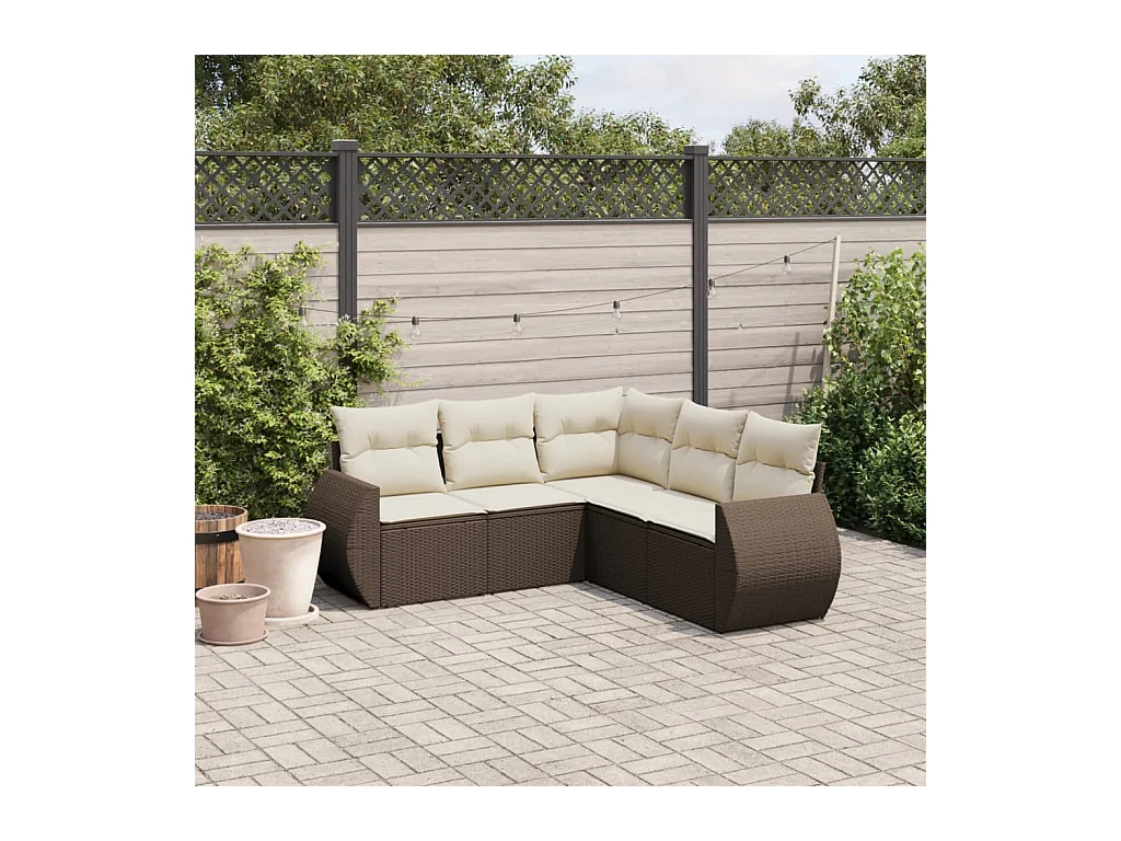 Set Divano da Giardino 5 pz con Cuscini Marrone in Polyrattan