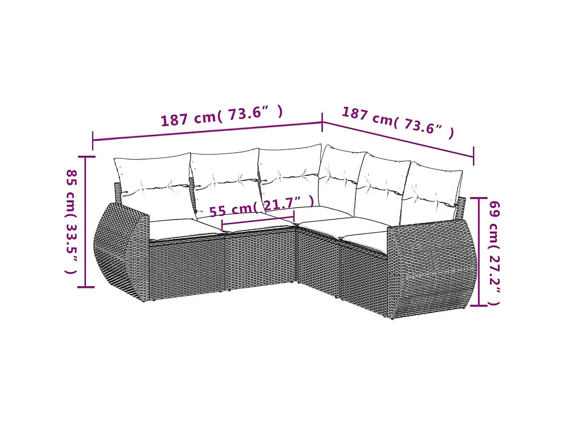 Set Divano da Giardino 5 pz con Cuscini Marrone in Polyrattan