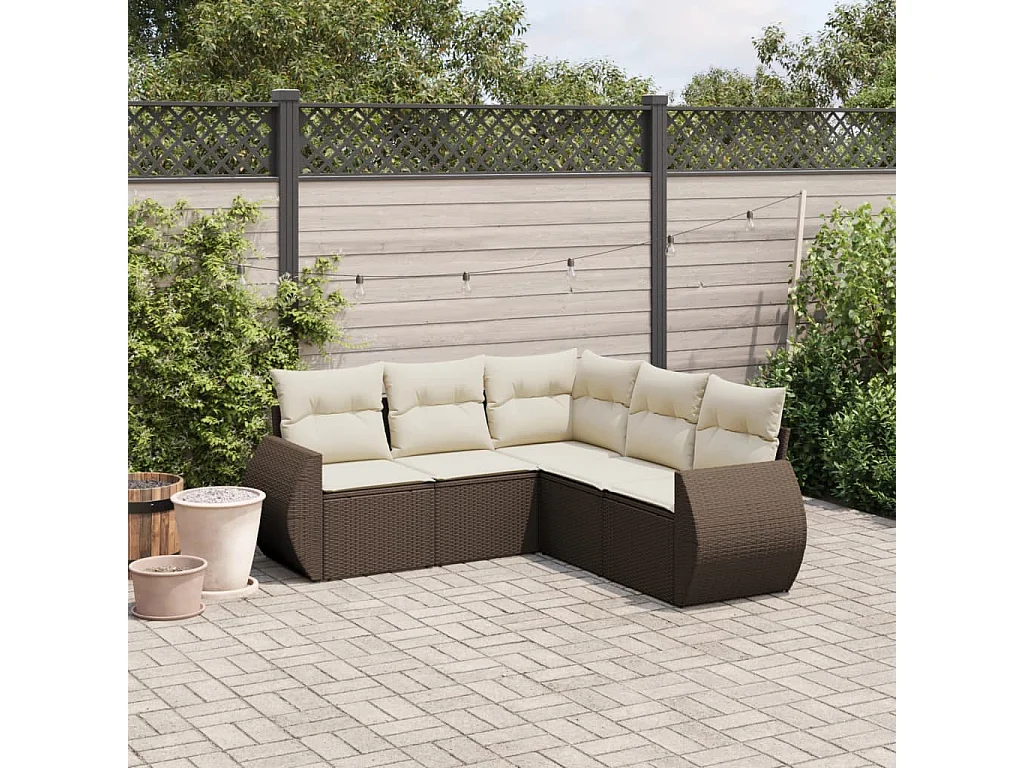 5-delige Loungeset met kussens poly rattan bruin