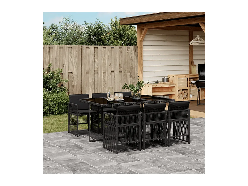 Ensemble à manger de jardin coussins 7pcs Noir Résine tressée
