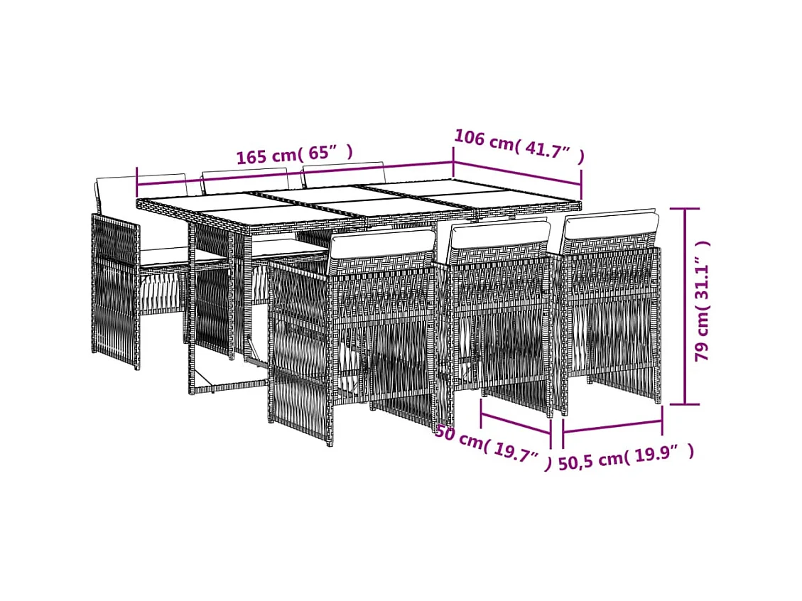 Ensemble à manger de jardin coussins 7pcs Noir Résine tressée