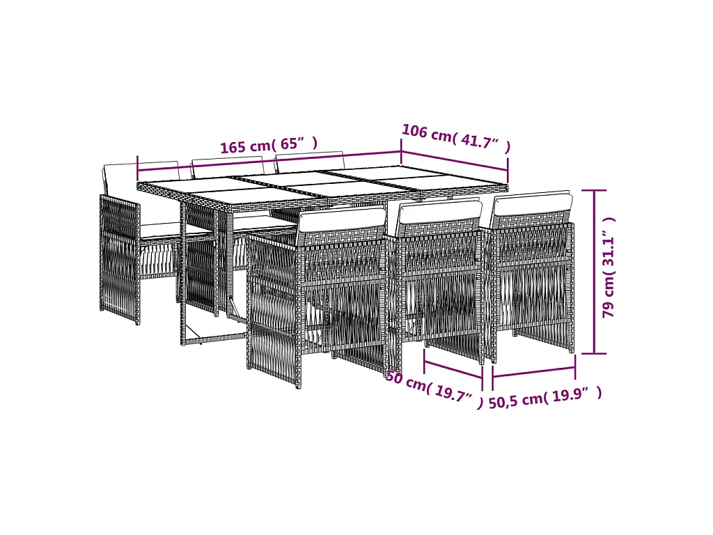 Ensemble à manger de jardin coussins 7pcs Noir Résine tressée