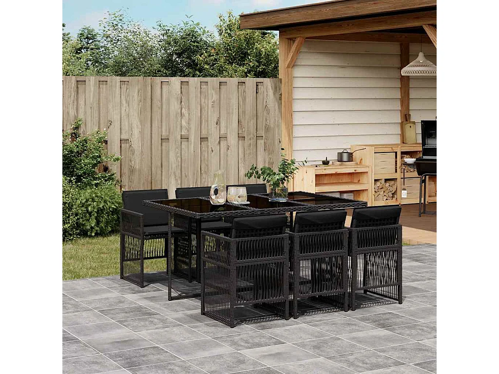 Ensemble à manger de jardin coussins 7pcs Noir Résine tressée