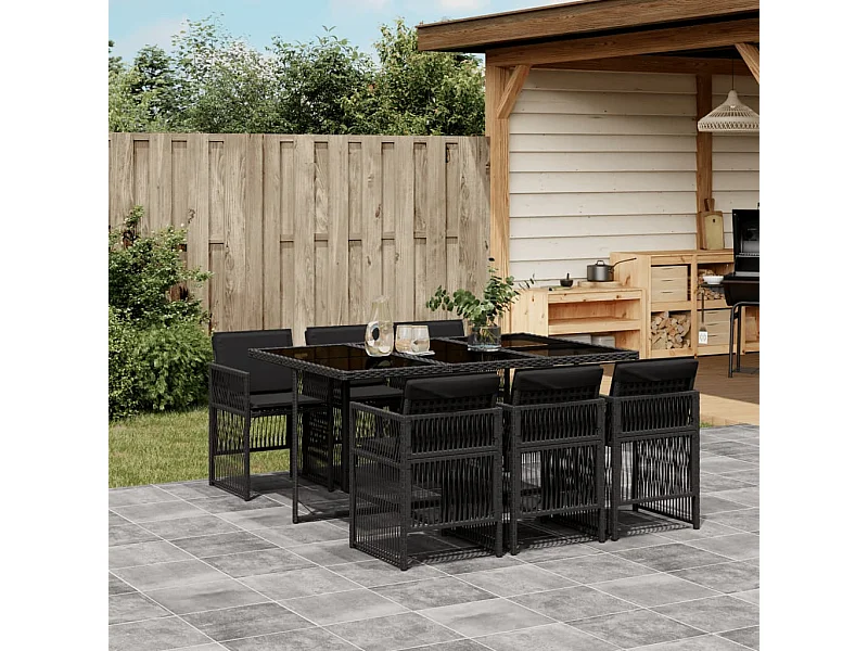 Ensemble à manger de jardin coussins 7pcs Noir Résine tressée