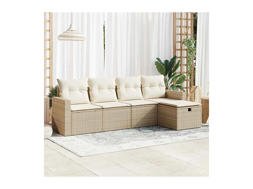 5-tlg. Garten-Sofagarnitur mit Kissen Beige Poly Rattan