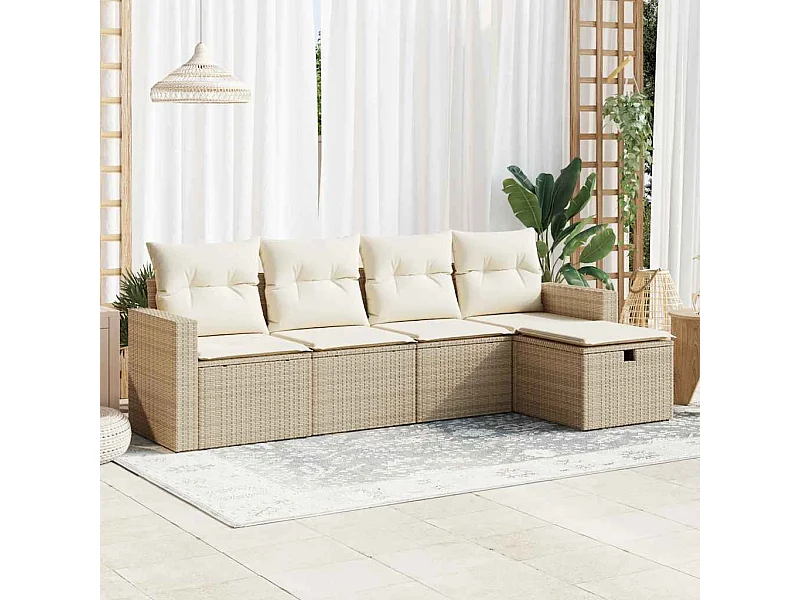 5-delige Loungeset met kussens poly rattan beige