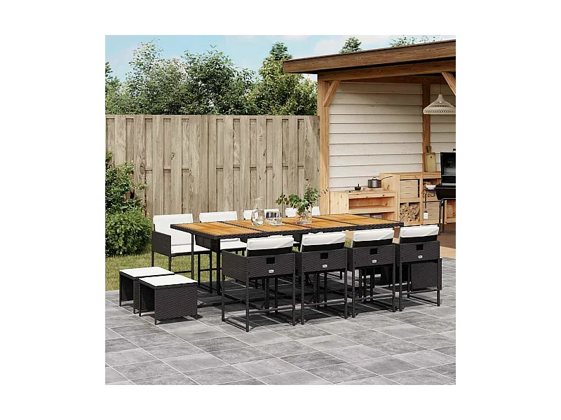 13-tlg. Garten-Essgruppe mit Kissen Schwarz Poly Rattan