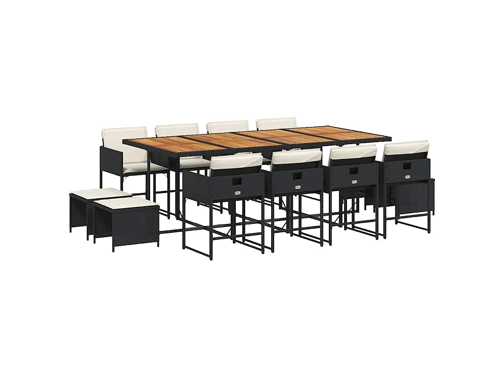 Set comedor de jardín con cojines 13 pzas ratán sintético negro