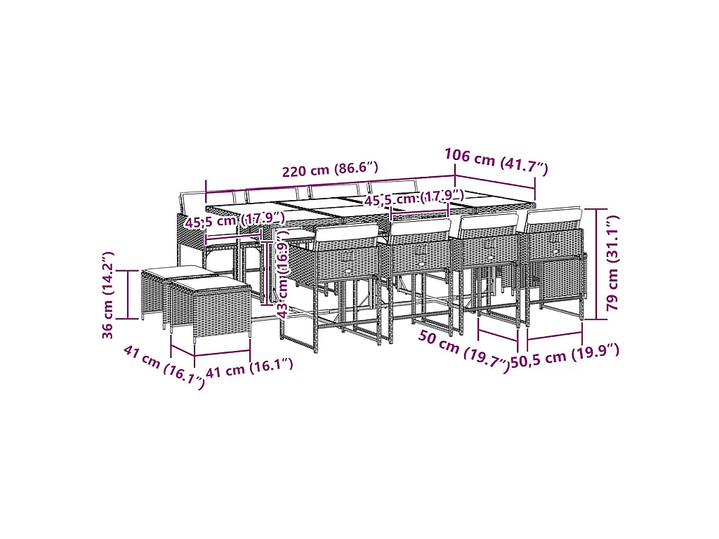 Set comedor de jardín con cojines 13 pzas ratán sintético negro